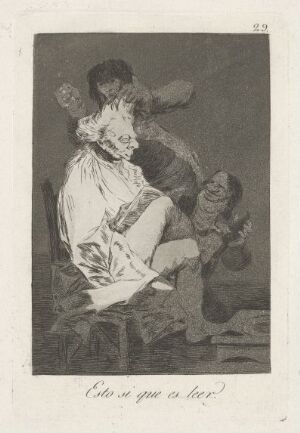  An etching titled "That certainly is being able to read" by Francisco de Goya, depicting an elderly woman absorbed in reading a large book, with a small figure beside her echoing her posture in a satirical fashion. The image is rendered in shades of gray with a focus on light and dark contrasts to emphasize the central figures.