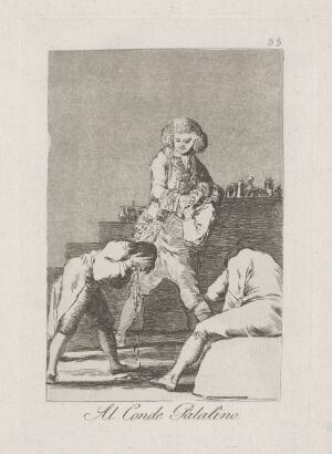  A black and white etching by Francisco de Goya titled "To the Count Palatine", featuring three figures in a historical setting, where one man elevated on a step is being addressed by two others in a gesture of pleading or deference, showcasing Goya's mastery of etching techniques with intricate details and expressive line work.