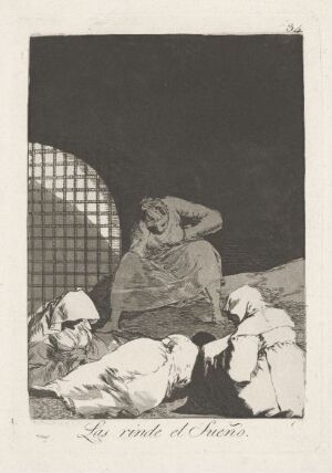  "Sleep overcomes them" by Francisco de Goya, an etching, aquatint, and drypoint on paper depicting a group of people in deep sleep, huddled together in a dark setting with a barred window casting shadows over them. The scene is predominantly dark with shades of black and grey, portraying a mood of exhaustion and despair.