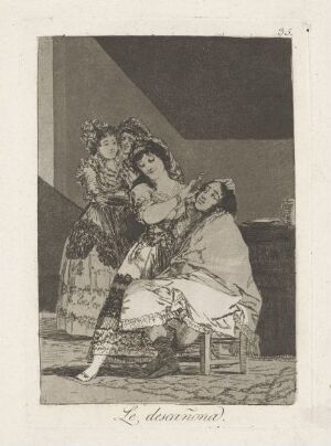  "She fleeces him" by Francisco de Goya, an etching on paper showing a sly-looking woman seated on the lap of an unconscious or asleep man, holding an item with a complicit second woman standing behind. Rendered in sepia tones, the scene captures a moment of deceit in period clothing.