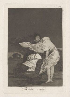 "A bad night" by Francisco de Goya is an etching depicting a figure in extreme distress amidst a dark and ominous background, rendered in muted shades of black, white, and gray, capturing an intense, nightmarish scene.