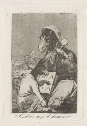  Black and white etching by Francisco de Goya titled "Might not the pupil know more?" featuring an anthropomorphized donkey in a scholar's cap holding a magnifying glass and paper with an indistinct figure in the background.