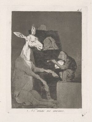  "Neither more nor less" by Francisco de Goya, an etching on paper showing a donkey dressed in human clothing seated on a chair and being fitted with glasses by an attentive monkey also clad in clothes, symbolizing a satirical take on human pretensions.