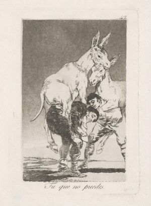 Monochromatic etching by Francisco de Goya titled "Thou who canst not," depicting a human in a tense interaction with a bull, using aquatint and etching techniques on paper, creating a scene with expressive strokes and a dramatic contrast between light and dark tones.