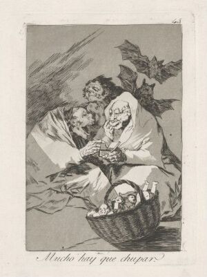  An etching by Francisco de Goya titled "There is plenty to suck" showing an elderly woman with a wide grin, attended by two less distinct, eerie figures behind her, with a basket of small children in front, set against a mostly plain background with dramatic shading and high contrast.