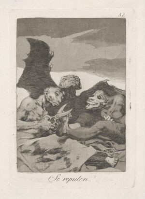  "They spruce themselves up" by Francisco de Goya, an etching depicting two grotesque and ghoulish figures in shades of gray on a cream paper background, grooming themselves in a surreal and unsettling manner, with a desolate landscape in the background.