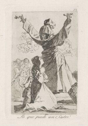  "What a tailor can do!" etching by Francisco de Goya, featuring a monochromatic scene with a central figure, a tailor, raised off the ground with arms uplifted in a dramatic pose, surrounded by onlookers expressed in various shades of gray, created through etching, aquatint, polished steel, and drypoint on paper.