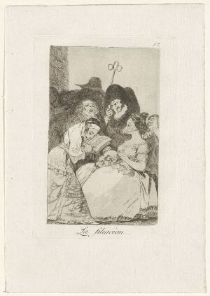  Monochromatic etching titled "The Filiation" by Francisco de Goya, showing four figures in historical clothing, engaged in an intimate grouping with expressive faces, rendered in shades of gray using a technique combining etching and aquatint on paper.