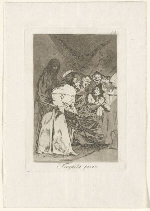  "Swallow it, dog" by Francisco de Goya is an etching featuring a group of distressed looking figures huddled around a cloaked figure who is gesturing toward a dog, set against a dark and enigmatic background.