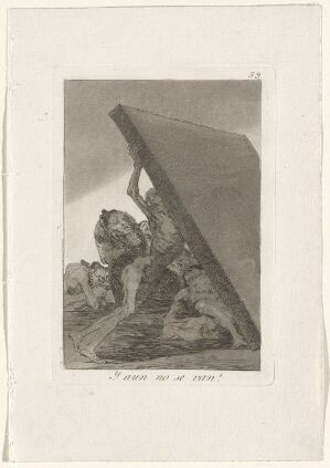  "And still they don't go!" by Francisco de Goya, an etching on paper depicting a dark and surreal scene with a mass of intertwined human figures struggling beneath a large, oppressive shape resembling a beast's paw; rendered in shades of black, white, and gray to evoke despair and struggle.
