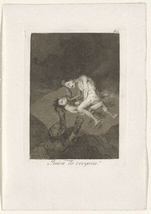  Etching by Francisco de Goya titled "Who would have thought it!" featuring a woman in distress with raised arm, dressed in late 18th-century attire, highlighted against a dark background, with details rendered in shades of black, gray, and white.