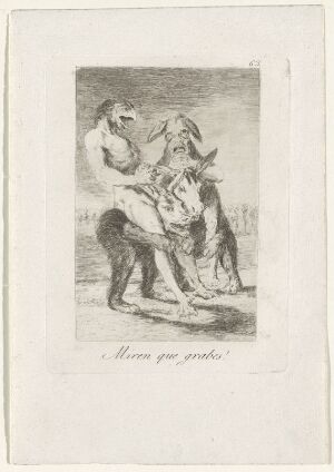  "Look how solemn they are!" by Francisco de Goya, a work of visual art featuring two anthropomorphic donkeys in human clothing—one seated on a mule, the other standing—with a solemn demeanor, rendered in grayscale etching, aquatint, and drypoint on paper.