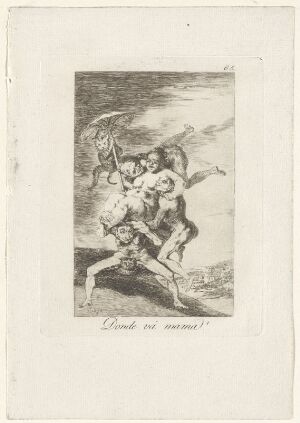  "Where is mother going?" by Francisco de Goya, an etching featuring a distressed woman in mid-stride carrying two children with a chaotic background, rendered in a monochromatic palette.