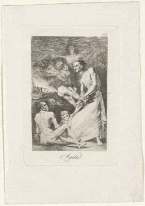  Etching by Francisco de Goya titled "Blow". The artwork is monochrome, showing several human figures in a historical setting with expressive lines and shading to depict a dramatic encounter. The etching is set within a plain border on the paper, highlighting the scene's detailed contrasts between light and shadow.