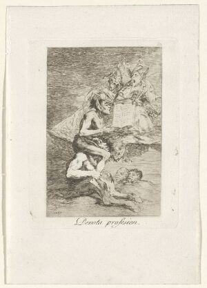  Monochrome etching titled "Devout profession" by Francisco de Goya, depicting a vivid scene with multiple figures in expressive poses, engaging in an intense religious or spiritual experience, utilizing a dynamic range of grayscale tones.