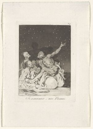  "When day breaks we will be off" by Francisco de Goya, a black and white etching featuring a group of historical figures in dark attire huddled together at night, with one pointing to a star-filled sky, on paper with a wide border.