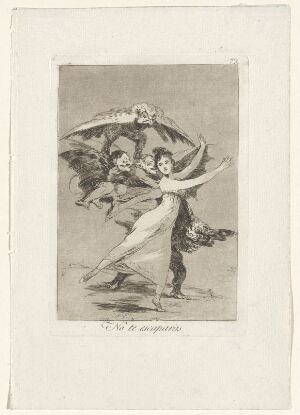  Etching by Francisco de Goya titled "You will not escape", showcasing a central light-colored figure surrounded by dark, winged creatures, represented in a monochromatic palette with dramatic contrast and depth.