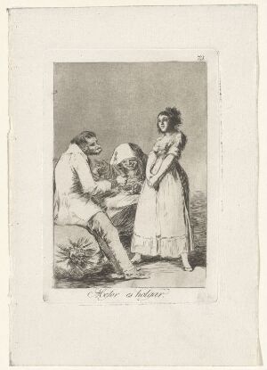  "It's better to be lazy," an etching by Francisco de Goya, showing a monochromatic scene with two figures seated and engaged in a precise activity, possibly crafting, while a third figure stands aside with crossed arms, all adorned in period attire, surrounded by the nuanced interplay of light and shadow in gray tones on paper.