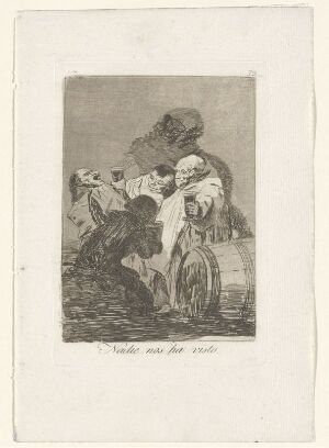  A monochromatic etching titled "No one has seen us" by Francisco de Goya, depicting two shadowy figures engaged in a secretive interaction, with a strong contrast of light and dark tones evoking a sense of mystery and caution.