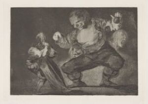  "Simpleton's Folly" by Francisco de Goya, a grayscale etching depicting a central, exaggerated figure with outstretched arms and a manic expression, flanked by two smaller ghostly figures, all set against a murky, undefined background, executed with expressive lines and muted sepia tones.