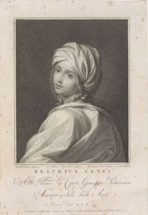  "Beatrice Cenci," an intricate point engraving on paper by Giovanni Folo, depicting a pensive young woman seated and draped in classical robes. The monochromatic artwork showcases varying textures and depth achieved through precise line work, emanating an air of contemplation and historical elegance.