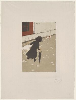  Color lithograph "La petite blanchisseuse" by Pierre Bonnard depicting a young girl in black clothing with white details, viewed from behind, on a street with a warm red wall and clothesline above, and a ground speckled with light spots under a soft blue sky.
