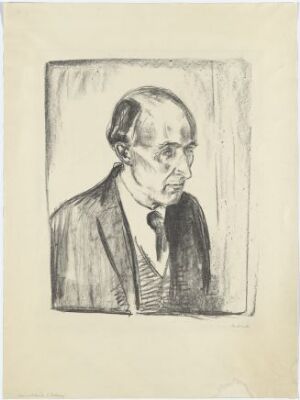  "The Composer Frederick Delius" - a greyscale litograph on paper by Edvard Munch, depicting a mature man in formal attire with a contemplative expression, facing slightly to the right with a stark, sketch-like quality.