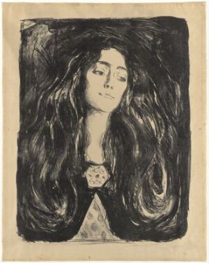  Lithograph by Edvard Munch titled "The Brooch. Eva Mudocci" depicting a woman's portrait with luxurious flowing hair and a prominent brooch, primarily in black on a cream-white background, embodying intensity and serenity.