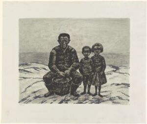  "The Fisherman" by Kaare Espolin Johnson, a lithographic print on paper featuring a somber black-and-white scene of a seated fisherman with two children standing by his sides on a barren shoreline, executed in a monochromatic palette that emphasizes the serene yet austere nature of the composition.