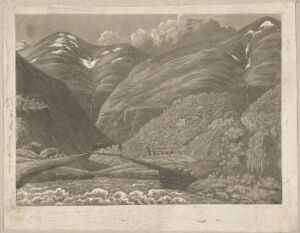  Monochromatic aquatint on paper titled "Mountain Landscape with Bridge" by Wilhelm Maximilian Carpelan, featuring a detailed grayscale depiction of a towering mountain range with a small bridge crossing over a river, surrounded by trees under a cloud-filled sky.