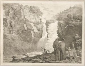  "Landscape with Waterfall and Figures" by Wilhelm Maximilian Carpelan, etching and aquatint on paper showcasing a monochromatic scene with figures admiring a waterfall cascading between cliffs, surrounded by rich foliage and characterized by nuanced shades of light and shadow.