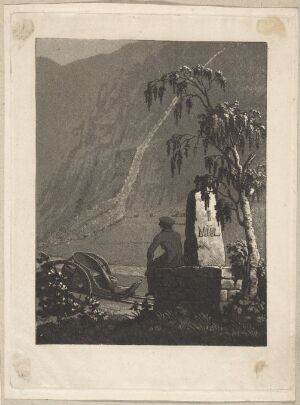  "Rockslide in Walders" by Wilhelm Maximilian Carpelan, featuring a monochromatic aquatint and line etching of a mountainous landscape with ruins and a solitary figure in a style reminiscent of 19th-century etchings, capturing a scene steeped in natural drama and a ponderous atmosphere.