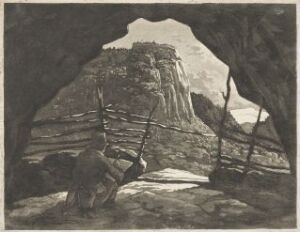  "View of Aurlandsdalen from a Mountain Cave" by Johannes Flintoe. A monochromatic aquatint showcasing a landscape seen from the inside of a dark cave, with light entering to reveal cliffs and a rugged, rocky terrain, all in shades of gray.