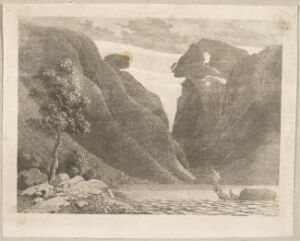  "Landscape with Glacier" - An aquatint print by Wilhelm Maximilian Carpelan featuring a monochromatic and serene natural scene with towering cliffs, a reflective lake in the foreground with a lone tree, and a small figure in a boat, all under a calm, shaded sky.