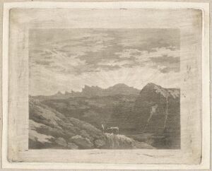  "Landscape with Sunrise," an aquatint on paper by Wilhelm Maximilian Carpelan, depicting a serene monochromatic landscape with mountains, a structure, and textured foreground under a dynamic sky suggesting early morning light.