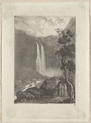  "Feigum Waterfall," an aquatint on paper by Johannes Flintoe, depicting a dramatic and secluded waterfall with twin streams, surrounded by dark cliffs and accented by a solitary tree with delicate leaves on the right, conveying a serene and untouched wilderness in monochrome tones.