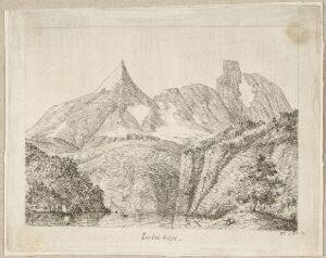  "Lodalskåpa" by Wilhelm Maximilian Carpelan, a monochromatic etching on paper showcasing a detailed and textured mountain landscape with a dominant central peak, surrounded by additional mountains and a diversified tree line in the foreground.