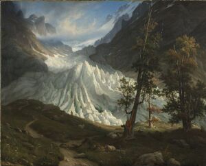  Oil painting on canvas by Thomas Fearnley showcasing a vast glacier in a mountainous landscape with pine trees in the foreground, intricate details highlighting the majesty of nature with a play of colors in whites, blues, greens, and browns.