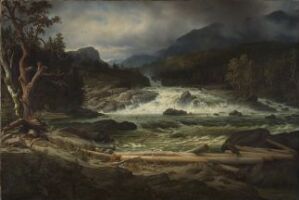  "The Labro Falls at Kongsberg" by Thomas Fearnley is an oil painting depicting the forceful Labro Falls in the center, flanked by dark green foliage and a leafless brown tree on the left, with gentle mountains in the distance under a cloudy sky.