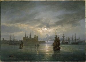  "Kronborg Castle in Moonlight" is an oil painting on canvas by Johan Christian Dahl portraying the serene image of Kronborg Castle by night, with dark ships at rest in the foreground, and a moonlit sky casting a soft glow over the water's surface.