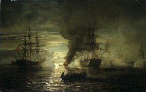  Oil on canvas painting by Johan Jacob Bennetter showcasing a dramatic maritime scene with several sailing ships enveloped in darkness and mist, with a subtle light source highlighting a small boat on the water. The artwork is rendered with a somber palette of greens, blues, and grays, creating a mysterious and evocative visual art piece.