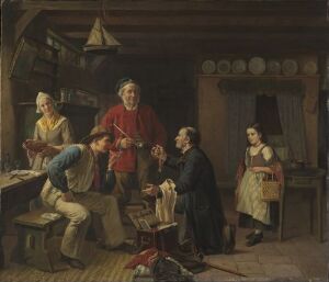  "Merchant in the Pilot’s House" by Karl Lorck is a fine art painting on canvas depicting a vibrant scene inside a ship's cabin, featuring a man in red and white clothing, likely a captain, engaged in a conversation with a dark-clad figure, while a woman and another man observe and work. The rich wooden interior and subdued lighting create a traditional maritime atmosphere.
