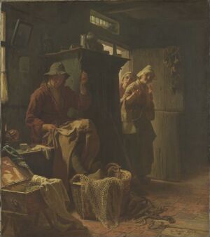  "The Hardships of Bachelorhood" by Ferdinand Fagerlin is an oil on canvas painting depicting a man in a reddish-brown coat seated and sewing in a dimly lit, cluttered room, with another man standing in the background. The scene is awash with earthy tones and a cozy ambience, highlighting the domestic efforts of a lone bachelor.