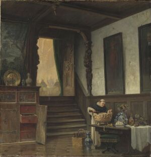  Oil painting on canvas by Vincent Stoltenberg Lerche depicting an old man sitting at a wooden table in a rustic interior space with earthy tones and sunlight filtering through an open door.