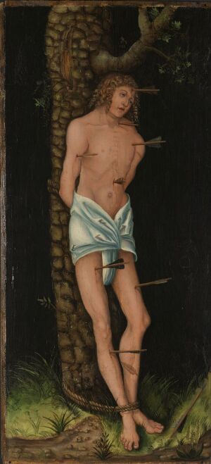  "St. Sebastian" by Cranach, hans skole - A slender, pale-skinned Saint Sebastian is depicted bound to a dark tree in a somber forest, with light brown hair, a wounded torso, and draped in a faded blue and white loincloth.