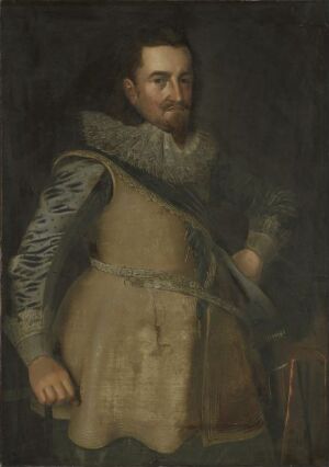  A portrait painting by Abraham de Keyster titled "Kong Christian IV" on canvas, depicting a 17th-century man in noble or military attire, standing slightly turned with a dark subdued background, focusing on the intricate details and earth-toned colors of his clothing.