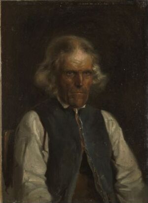  Oil on board portrait by Adolph Tidemand depicting an elderly man with white hair, wearing a white shirt and a dark vest, set against a dark background, showcasing a thoughtful expression and intricate play of light and shadow.