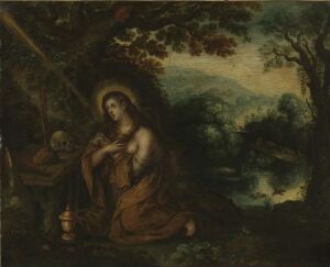  "Maria Magdalena" by Roelant Savery II, an oil painting on copper plate featuring a contemplative Maria Magdalena in a brown robe, with a golden halo, seated in a lush landscape with dark green trees, a hint of blue sky, and a small jar beside her.