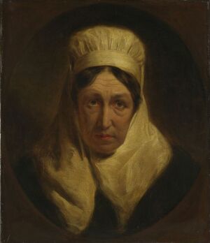  "Old French Woman" by George Lance is an oil painting on canvas featuring an elderly woman in a white bonnet and cream shawl. Her solemn expression is captured in pale, naturalistic tones against a dark, oval background.