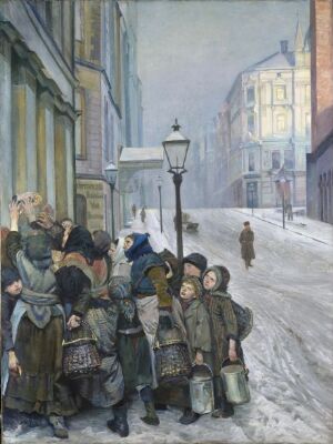  "Struggle for Survival" by Christian Krohg is an oil on canvas depicting a group of women and children clad in winter clothing on a snowy street, conveying a sense of communal hardship and endurance.